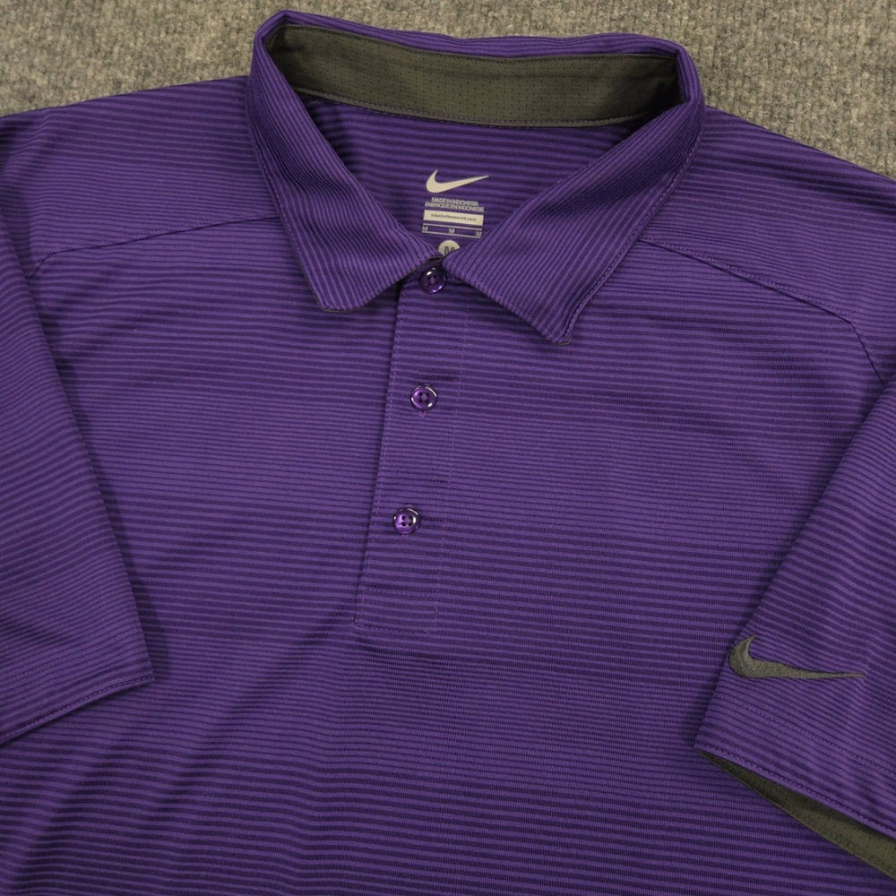 Nike Polo Shirt Mens Medium Purple Striped Performance Golf Preppy Casual Sport